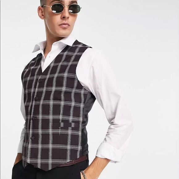 ASOS DESIGN skinny suit vest with window check in burgundy - Picture 4 of 7